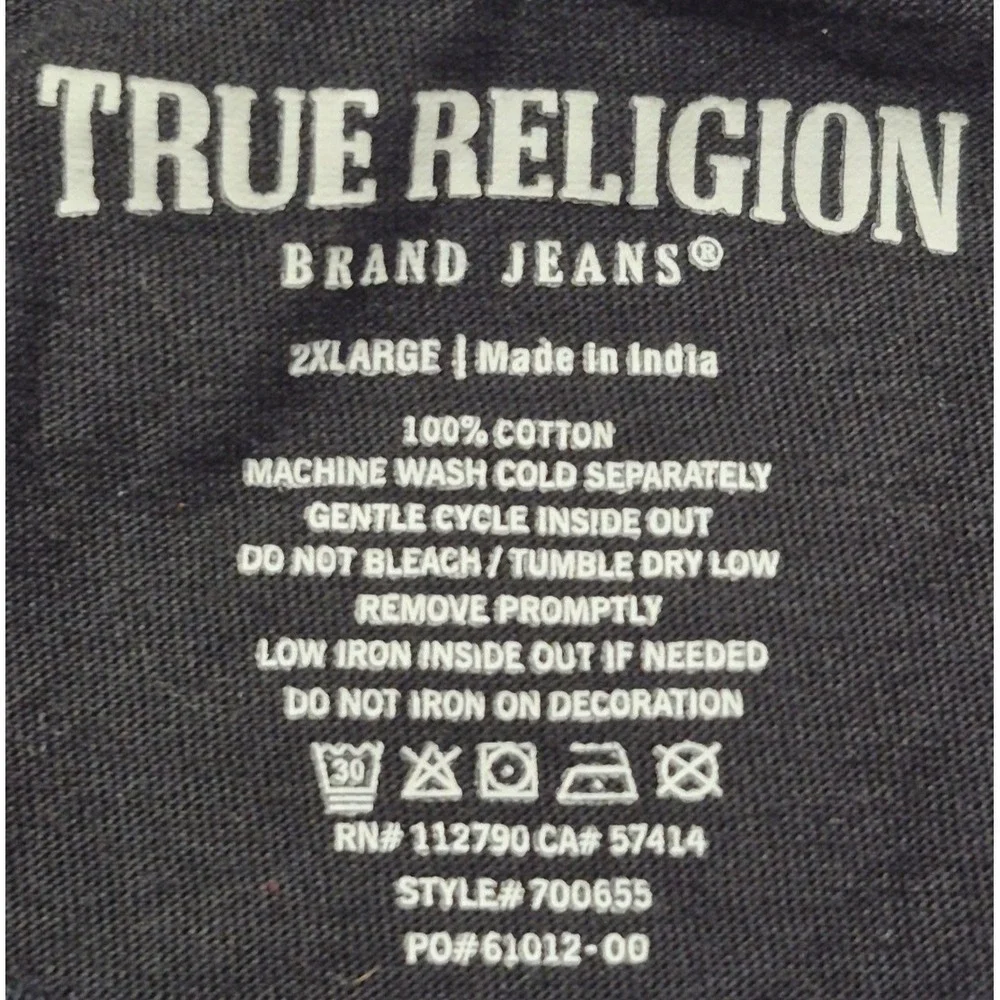 NWOT True Religion Black Big Buddha Guitar Graphic T-Shirt 2X‎ Cotton 2-sided